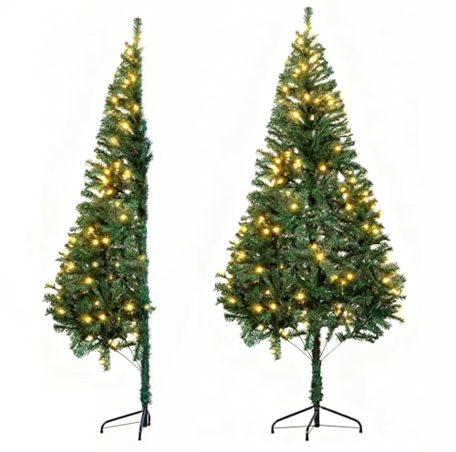 6FT Artificial Half Christmas Tree with Lights Green Easy to Assemble,Comes with a Sturdy Metal Stand Space saving, for Christmas corner decorations and Christmas party decorations(Green)