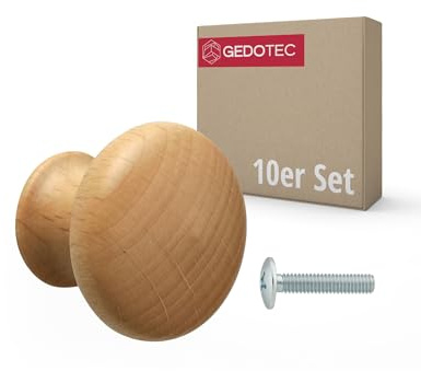 Gedotec 10 Stück Möbelknopf URSULA Holz Buche unbehandelt Ø 35 mm mit Messinggewindeeinsatz Schraube M4×25 mm | Massivholz Knopf Möbelgriff Holzknauf Schrankgriff Schubladengriff Kommodengriff