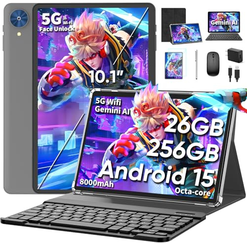 10 Inch Tablet, 2026 Android 15 Tablet with Keyboard, 26GB+256GB+2TB Expand | Tablets PC with Gemini AI, Octa-Core, 8000mAh, 5G WiFi, Widevine L1, GMS, 2 in 1 Tablets with Case, Mouse, Stylus (Black)