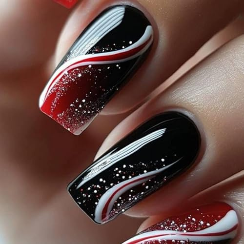 Ceboic 24Pcs Square Press on Nails Medium Long, Black Red Gradient False Nails, Glitter Stripes French Fake Nail with Glue Stickers, Reusable Acrylic Full Cover Glue on Nails for Women Nail Art