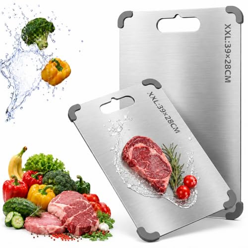 Teglu Schneidebrett Edelstahl Groß 39×28 cm - 1,5 mm Extra Dick Rutschfest | mit Silikonrand, Messer-schonend, Antibakteriell - Titanium Cutting Board XXL