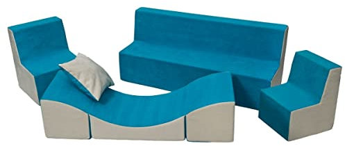 Velinda Kindersitzgruppe: 2xKinderstuhl+Sitzbank+Liegestuhl Kinderzimmermöbel Spiel-Set (Farbe: blau-beige)