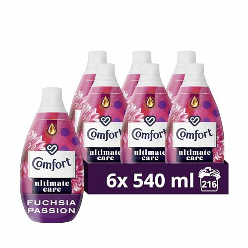 Comfort Ultimate Care Fuchsia Passion Ultra-Concentrated Fabric Conditioner bottle made of 100% recycled plastic* for complete clothes protection 6x 540 ml (216 washes)