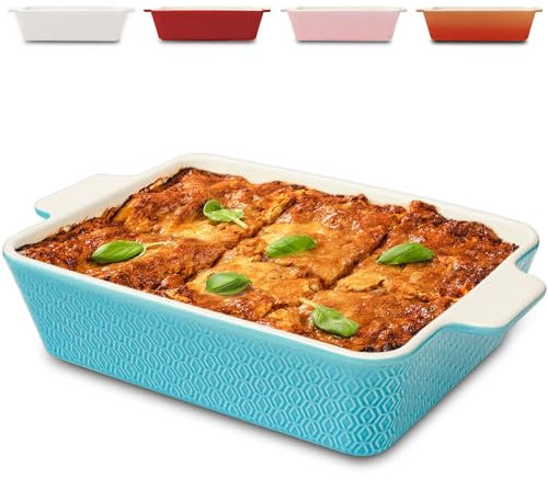 Auflaufform Groß aus Keramik - Für Lasagne, Tiramisu & Auflauf - Extra Hoher Rand - Eckige Backform Antihaftbeschichtet