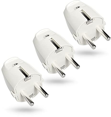 greate 3x Schuko Stecker weiß mit Zugentlastung - PVC Schutzkontakt Stecker 230V, 2-polig, 16A & 3,7kW - IP20 Schukostecker für Innenbereich - Kabel Stecker 230V, Stromstecker, Schutzkontaktstecker