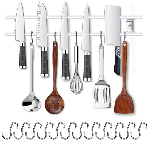 YIIYIIN 18 Inch Magnetic Knife Holder for Wall Mount-Magnetic Knife Strips with 12 Hook-304 Stainless Steel Wall Magnetic Knife Bar Rack-Knife Block-Knife Rack-Utensil Hanger-Kitchen Utensil Holder