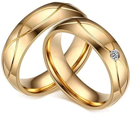 Edelstahl Ringe Paar Gold, Paar Ringe für Sie und Ihn Roségold 5MM Breite Poliert Runden Zirkonia Partnerringe mit Gravur für Paare Damen Gr. 49 (15.6) & Herren Gr. 70 (22.3)