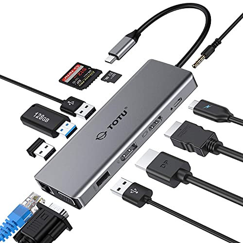 USB C Hub, TOTU Upgraded 13 in 1 Typ C Hub auf 4K HDMI & DP, VGA, 2 USB 3.0, 2 USB 2.0, 95W PD, Triple Display Docking Station für MacBook Pro und Windows USB C Systeme, MacOS nur unterstützt Spiegel