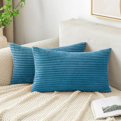 EMEMA Kissenbezug 30x50 cm Kordsamt Kissenbezüge Dekokissen Sofakissen Cord Kissenhülle Zierkissenbezug Kord Dekorative Weiche für Sofa Wohnzimmer Schlafzimmer 2er Set Seeblau