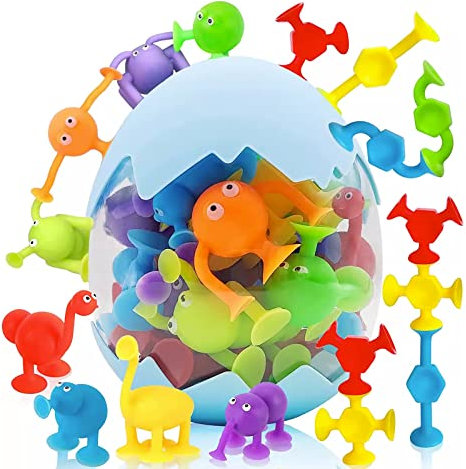 27 Stück Saugnapf Spielzeug Silikon, Silikonbausteine Saugspielzeug, Saugspielzeug Baby Silikon, Saugnapf Tiere Spielzeug, mit Dinosauriereier Aufbewahrungs, für 3 4 5 6 Jahre Jungen Mädchen