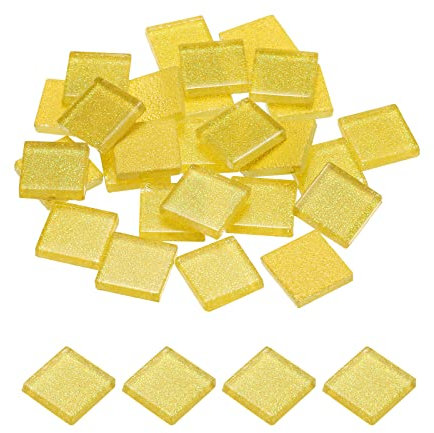 sourcing map Mosaic Tiles, Glass Tiles, Shine Crystal Mosaic Glass Pieces Bulk Square Glitter Crystal Mosaic Tiles 2 x 2cm for Home Decoration, DIY Crafts, Pack of 25(100g, Fluorescent Yellow)