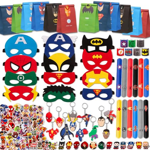 110pcs Superhelden Geburtstag Mitgebsel Geburtstagsdeko, Deko Geburtstag Kinder, Kindergeburtstag Gastgeschenke Mit Masken Aufkleber SchlüSselanhänger Slap Bands GeschenktüTen Schuhdekorationen