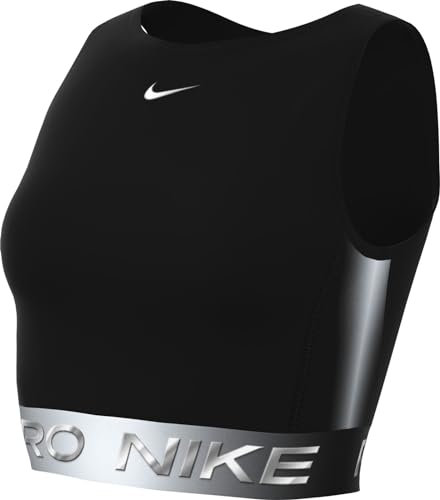 NIKE Women's W Np Df Crop Tank Shine Short top, Black/Metallic Silver, L