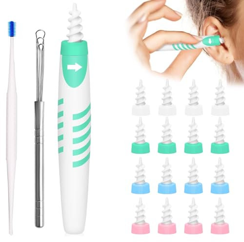GWAWG Spiral Ear Cleaner Nettoyeur D'oreille Outil avec 16 Embouts Lavables,1 Pc Curette Oreille Kit en Acier Inoxydable,1 Pc Kit de Nettoyage en Plastique et Silicone