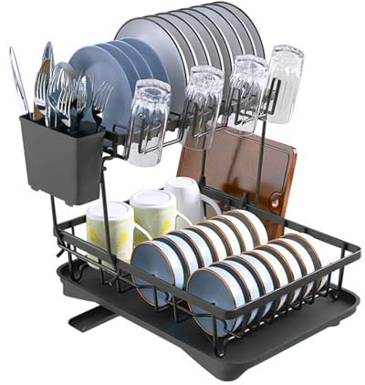 AHAQU Escurreplatos de 2 niveles, escurridor grande con bandeja de goteo, escurridor de platos de acero inoxidable con boquilla de drenaje giratoria, soporte para utensilios, taza y soporte para tabla