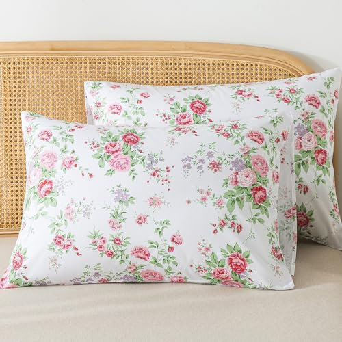 Zusbest 100% Cotton Pink Floral Pillow Cases Standard Size Set of 2, 19''×29'', Queen Size Shabby Rose Floral Pillowcases, Flower Printed Chic Pillow Covers Soft Envelope Queen Pillowcase Protectors