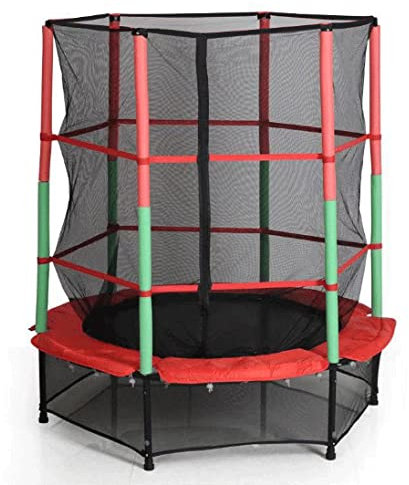 OHMG Trampolin für Kinder, Ø 140 cm, Trampolin für den Außenbereich, Sporttrampolin mit Sicherheitsnetz, Türen mit Reißverschluss, 6 Stangen, mit Schaumstoff überzogen, kleines Trampolin für den