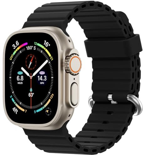 Oielai Ocean Armband kompatibel mit Apple Watch Ultra 49mm 45mm 44mm 42mm, weiches Silikon Sportarmband mit Schnalle für iWatch Ultra 2 Ultra Series 9 8 7 6 5 4 3 2 1, Schwarz