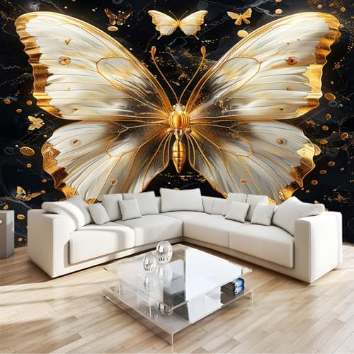 Papier Peint 3D Panoramique Texture Dorée Papillon Intissé Peinture Murale Décor Mural, Pour Salon Chambre Tv Fond Murale Décoration350 X 256 Cm