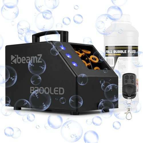 BeamZ B300LED Seifenblasenmaschine Kinder mit 1L Flüssigkeit und farbigen LEDs, 25 Watt, Luftblasenmaschine, Bubble Machine mit Fernbedienung, 10.000 Bubbles pro Minute, Seifenblasen Hochzeit