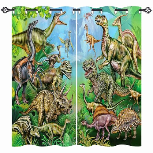ANHOPE Dschungel Tier Dinosaurier Blickdichte Gardinen mit Ösen Kinder Jungen Mädchen Thermo Vorhänge Wohnzimmer Schlafzimmer Verdunklungsvorhänge 2er Set H 175 x B 140 cm