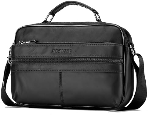 SPAHER Umhängetasche Leder Herren Herrentasche Schultertasche Echtes Leder Messenger Bags Handgelenktasche Herren Schultertasche Crossbody Bag Geschenk für Männer Schwarz