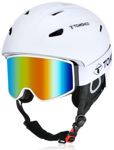 TOMSHOO Skihelm Set, Snowboard Helm mit Skibrille, Ohrenschützer, Belüftungsöffnungen, Ski Helmet & Goggle für Herren Damen, L, Weiß