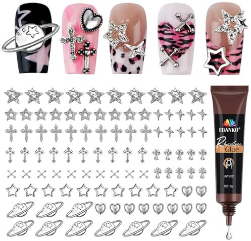 EBANKU 100PCS Nail Charms, Y2K Silver Charms Star Heart Planet Cross Nail Gems Set with 15g Nail Rhinestones Glue, Nail Jewelry Nail Studs Nail Design Crystals for Women Nail Decorations (10 Styles)