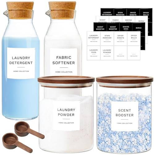 Glass Laundry Storage Containers Set, 4 Pack Liquid Detergent Dispenser with Cork Lid & Laundry Room Organization Jar with Acacia Lid, Fabric Softener Dispenser Bottles and Powder Detergent Organizer