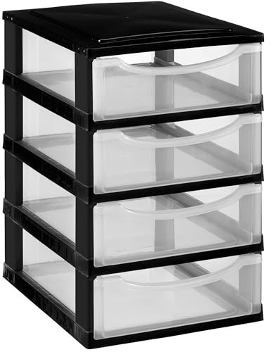 Schubladenbox DIN A4 mit 4 Schubladen 34,5x26x39 cm - schwarz-transparent Kunststoff Drawer Tower Box Organizer für Schreibtisch Easy-Pull-System