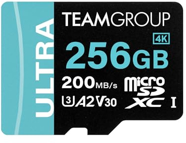 TEAMGROUP Carte A2 Ultra 256 Go MicroSDXC UHS-I U3 A2 V30, R/W jusqu'à 200/150 Mo/s Nintendo Switch 1, Steam Deck, appareils de Jeu, tablettes, Smartphones, Prise de Vue 4K, avec Adaptateur