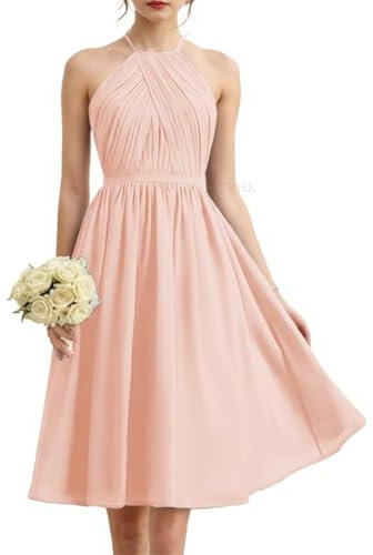 Robe de princesse dos nu plissée courte en mousseline de soie Robe de soirée formelle, rose poudré, 40
