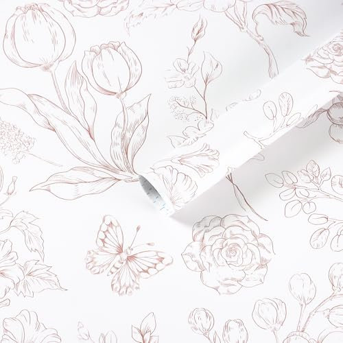 Fiula Self Adhesive Wallpaper Floral Butterfly Peel and Stick Wallpaper Pink White Contact Paper 44CMx10M Tulips Thick Vinyl Wrap Waterproof Removable for Living Room Bedroom Red