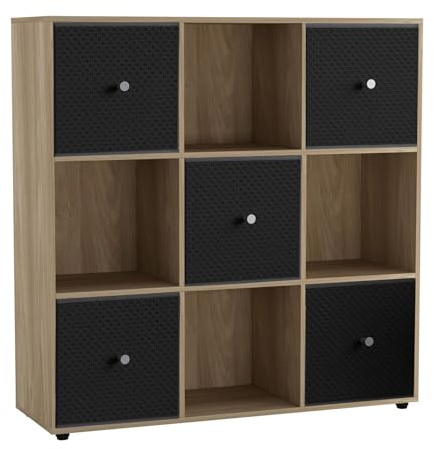 URBNLIVING 9 Cube Storage Unit with 5 Foldable Fabric Drawers, Wooden Freestanding Bookcase Shelf Organiser, Modern Cube Shelving for Bedroom, Office, Living Room, Toys, Clothes & Books