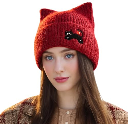 HAWILL Mütze Damen Strickmütze Winter Mütze mit Ohren Warme Beanie Katzen Mütze Mädchen Lustige Mützen Vintage Einfarbig Strick Bündchen Beanies (DE/NL/SE/PL, Numerisch, 52, 62, Rot)