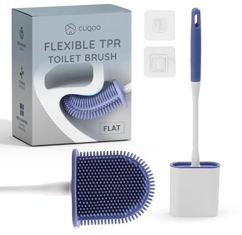 CUQOO Silicone Toilet Brush and Holder Set – Antibacterial Loo Brush & Holder for Bathroom Cleaning – Hygienic Rubber Flat Toilet Brush with Silicone Holder for Modern Toilet Accessories