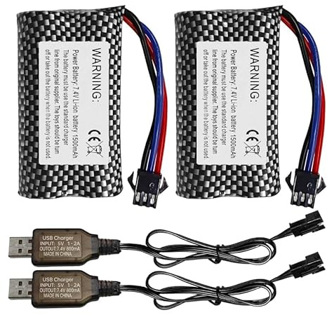 XPJBKC 2PCS 7.4V 1500mAh Li-ion Akku Set, mit 2PCS SM-3P Stecker und USB Ladegerät, Wiederaufladbare Lithium-Ionen-Batterie,18560 Li-Ion Batterie 7.4V für RC Autos, RC Drone,Panzer, Roboter