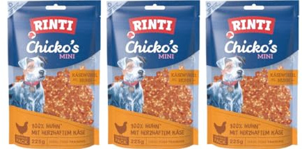 arelf Bundle RINTI Chicko’s Mini Käsewürfel 3x225g + Dokas Hühnchen-Rolle | 85 % Hühnermuskelfleisch | 7 % Käse | nur 3 % Fett | luftgetrocknet | ohne Fleischmehle & Soja | Trainingssnack
