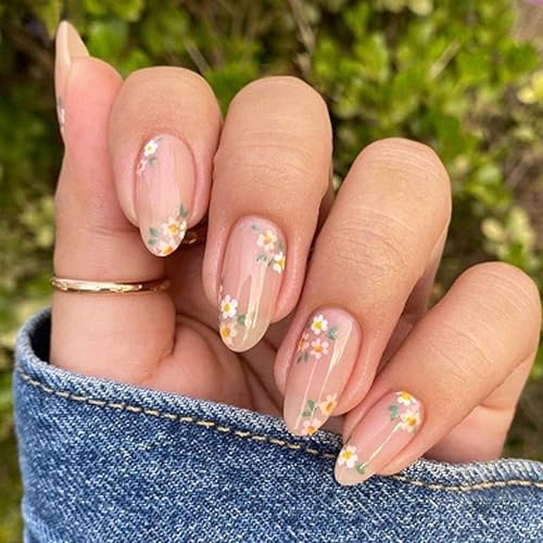 Short Almond Press on Nails - French Tip False Nails with Floral Designs - 24 PCS Nude Soft Gel Fake Nails in 12 Sizes - Spring Summer Reusable Stick on Nails for Women