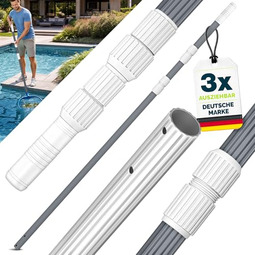 tillvex® Pool Teleskopstange 1,20-3,60m Aluminium | Poolstange ausziehbar | Witterungsbeständige Stange zur Poolreinigung 3-teilig | Poolzubehör für Kescher, Bürste und Bodensauger bei Poolreinigung