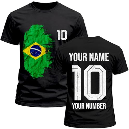 Brazil 2026 personalisiertes Fußball-Fan-T-Shirt für Herren aus Baumwolle mit Grafik, individueller Name und Nummer, Kurzarm-Supporter-Shirt