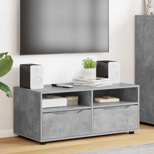 Meuble TV Moderne 100 cm, Meuble de Rangement Salon Gris Béton avec Tiroir et 2 Étages en Bois d'Ingénierie Durable pour Téléviseur, Console de Jeu, Déco