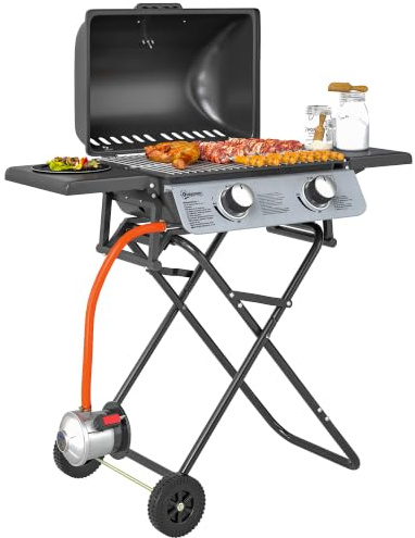 Outsunny Gasgrill 5,6 KW mit 2 Edelstahl-Brennern Deckel 101 x 50 x 102 cm | Grillwagen, Klappbar Seitenablagen, Rolle, Druckminderer Gasschlauch, Thermometer, BBQ Gartengrill, Balkon, Camping-Grill