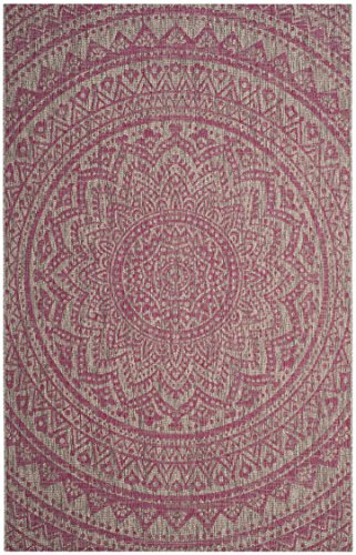 SAFAVIEH Zeitgenössische Teppich für Wohnzimmer, Esszimmer, Schlafzimmer - Courtyard Collection, Kurzer Flor, Hellgrau und Fuchsia, 79 X 152 cm