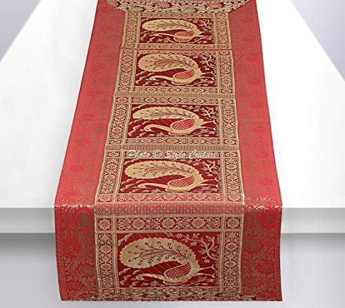 Stylo Culture Dekorativ Ethnisch Tischläufer Rot Gold Pfau Mit Blumen Bohemien Jacquard Tischdecke Rechteckig 5 Fuß Für Esstisch Brokat Rezeption Tischdekoration (40 x 152 cm)