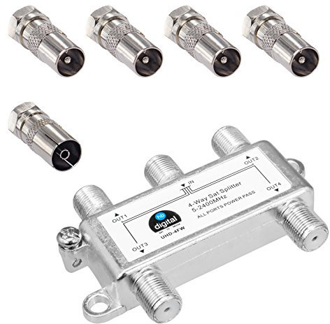 HB-DIGITAL SAT - BK - UKW - Verteiler 4-Fach Splitter (4-Wege) 5-2400 MHz * digital & analog - tauglich * voll geschirmt SAT DVB-S DVB-S2 FM UKW Kabelfernsehen DVB-C inkl. Kabel IEC Adapter