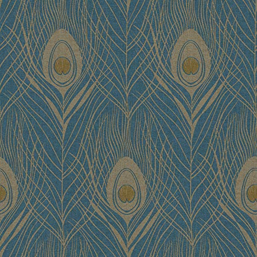 Art Déco Tapete in Petrol und Gold | Elegante Tapete mit Pfauenfeder | Petrol Vliestapete mit Federn ideal für Schlafzimmer