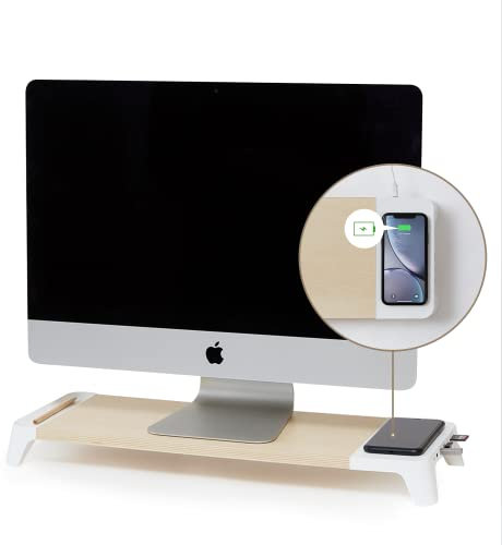 POUT EYES8-3-in-1 Wooden Monitor Stand hub with Fast Wireless Charging pad White
