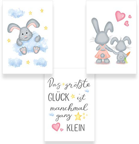 ChicResult 3er Bilderset HASE mit Wandspruch für Kinderzimmer - Deko Poster Mädchen oder Jungen, Kinderbilder, Babyzimmer Dekoration, Wandspruch, (3x DIN A4 ohne Bilderrahmen)