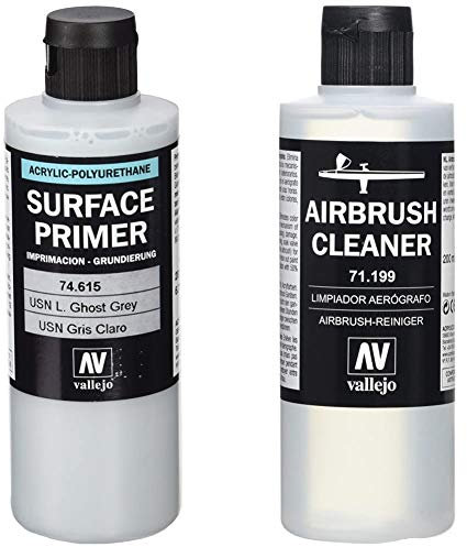 Vallejo Model Color 200 ml Polyurethane Primer - USN Light Ghost Grey & Model Air 200 ml Airbrush Cleaner